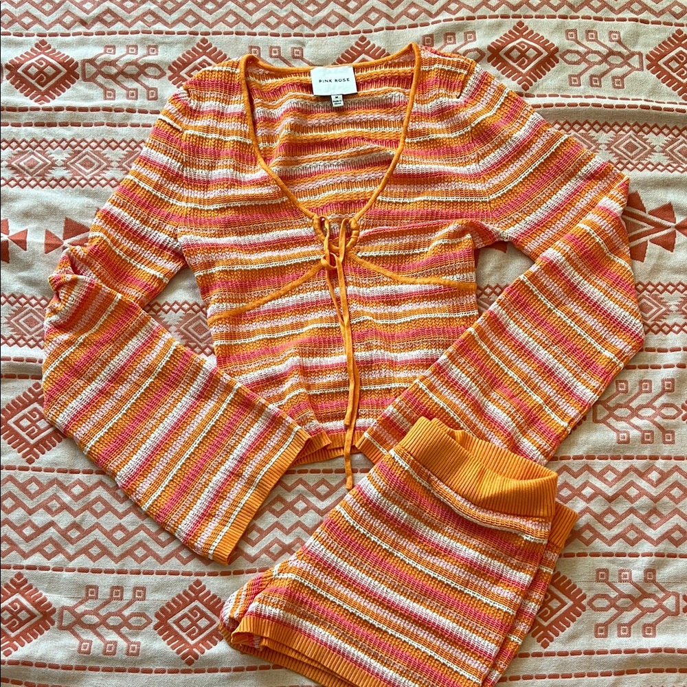 Pink Rose Orange and White Striped Top